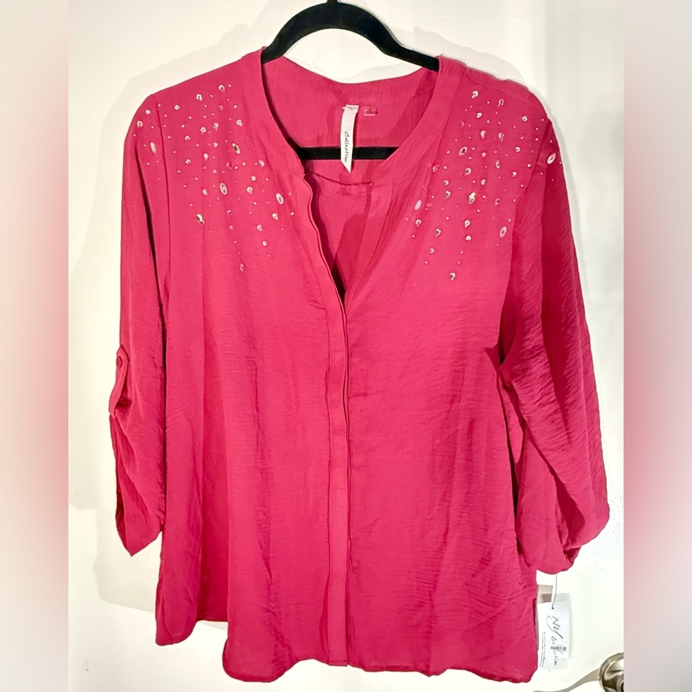 Fuchsia Beaded Blouse Tunic Long Sleeve XL NWT